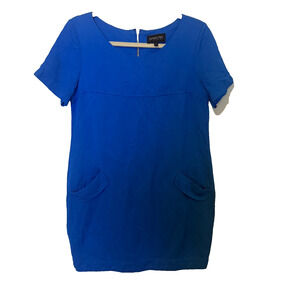 Patrizia Pepe Blue Linen Tencel Shift Dress Short Sleeve Pockets Size 8 Workwear